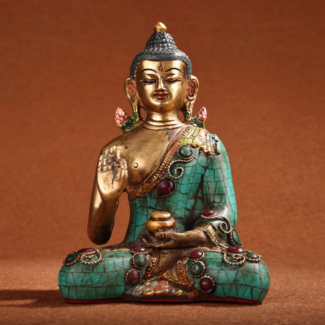 

6"Nepal Temple Collection Old Bronze outline in gold mosaic Gem Shakyamuni Buddha Sitting Buddha Enshrine the Buddha Ornaments