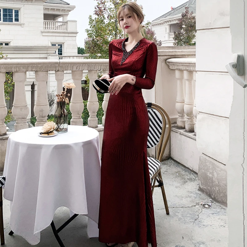 

Evening Dress Full Sleeves Burgundy Appliques Fashion Pleat Ankle-length V-Neck Mermaid Plus size Women Formal Party Gown C585