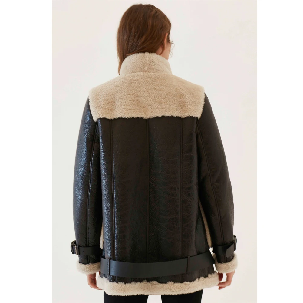 Womens Chestnut Shearling Jacket Turkey Wool Coat Casual Leather Jacket Long Fur Coat Trench Coat Women