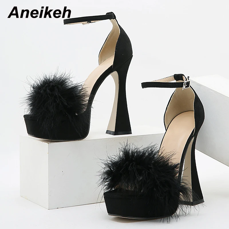 

Женские туфли-лодочки Aneikeh с открытым носком из флока, украшение с перьями, ремешок с пряжкой на щиколотке, высокие каблуки, лето 2022