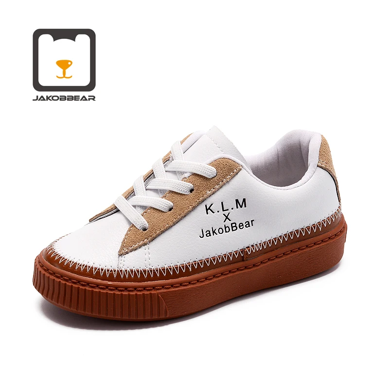 White and Brown JAKOBBEAR/детская кожаная обувь для мальчиков и девочек; сезон осень-зима-весна - Цвет: White and Brown