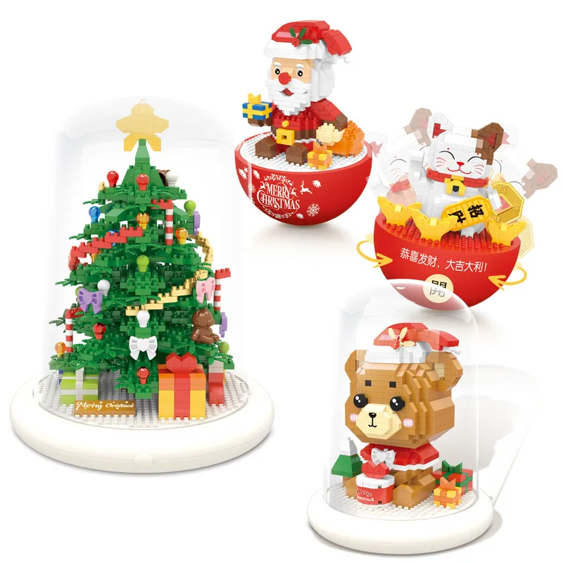 Micro bloques de construcción de árbol de Navidad para niños, oso vaso, Papá Noel, gato de la suerte, ensamblado, Mini ladrillos, figuras de juguete para niños, regalos