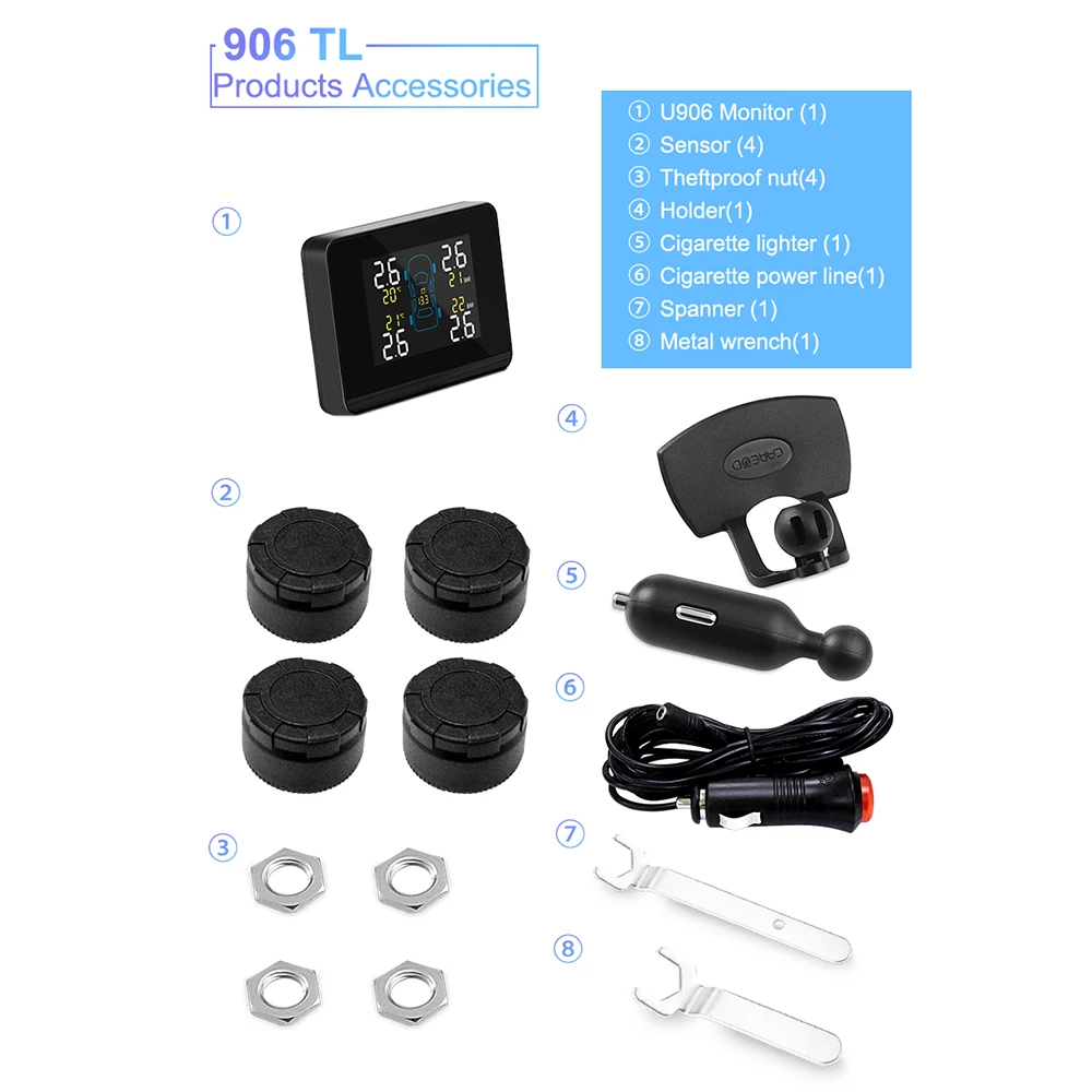

U906 TPMS Wireless Auto Car Tire Pressure Monitoring System with 4 External Sensors LCD Embedded Monitor 5