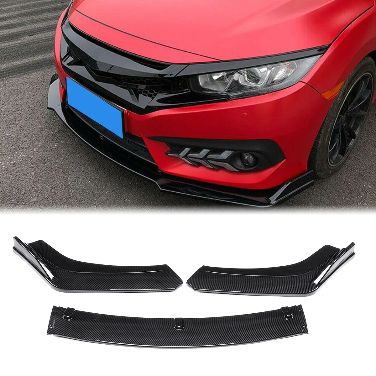 

3PCS Black Front Bumper Lip Lower Spoiler Body Kit Splitters Guards For Honda Civic Sedan 2016 2017 2018 Car Accessories