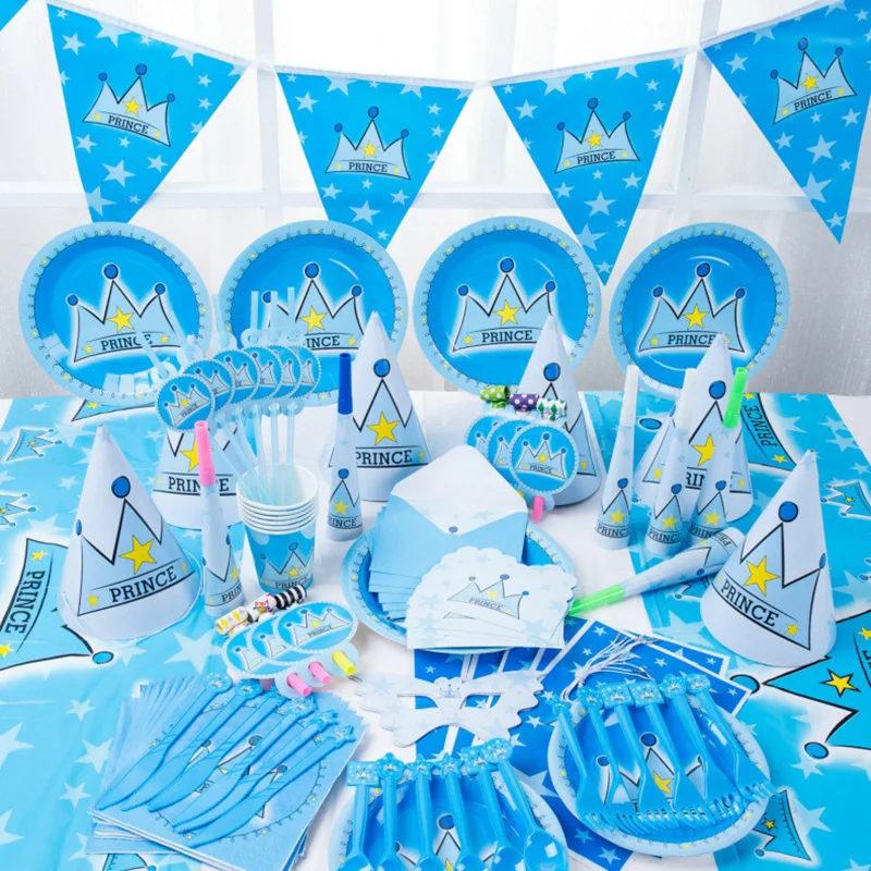 Синий принц корона партии одноразовая посуда скатерть соломинки плиты салфетки