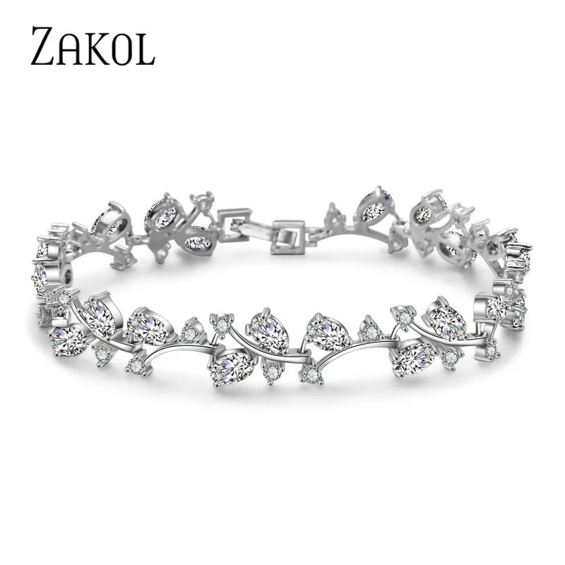 Женский браслет ZAKOL модный из кубического циркония с листьями и цепочкой белого