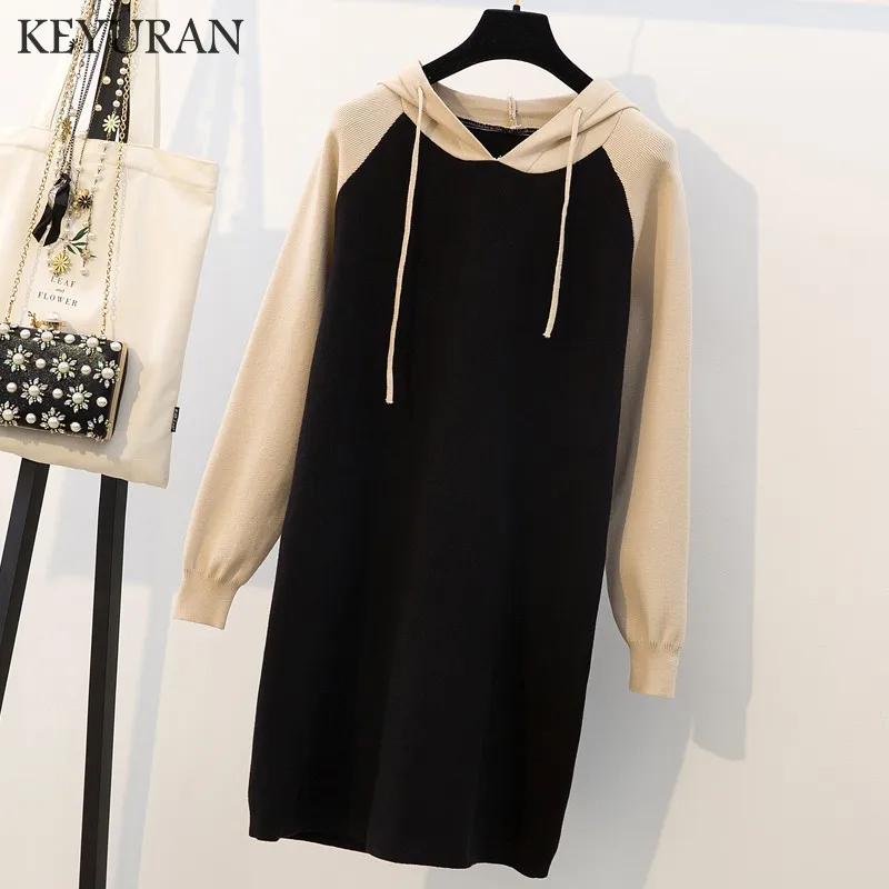 Осень Зима 4XL женское трикотажное лоскутное платье с капюшоном 2019 Свободный