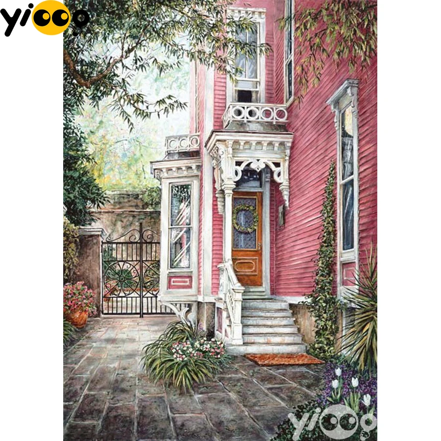 

Full Square/Round Drill Diamond Painting Cross Stitch Embroidery Pink Villa Scenery Rhinestone Mosaic Home Decor Gift AX2472