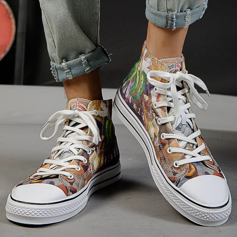 High Top Hand Painted Street Sneaker Shoe Fashion Cartoon Men Skateboard Shoes Unisex  Breathable Canvas Sports Shoes Size 35-44