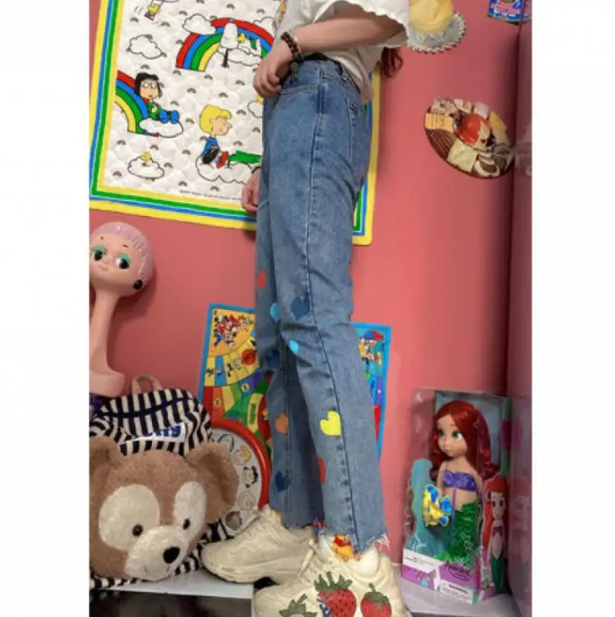 

2021 Spring Autumn Vintage Straight Jeans Women High Waist Love Heart Print Casual Ankle Length Denim Pants Plus Size 5XL s970