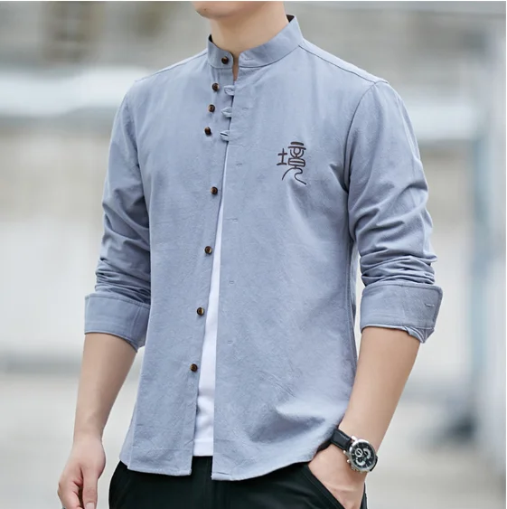 

Retro Chinese Man Shirt Casual 100% Cotton Traditional Tops 2020 Male Mandarin Collar Solid Kung Fu Clothes Tunic Tang Suit