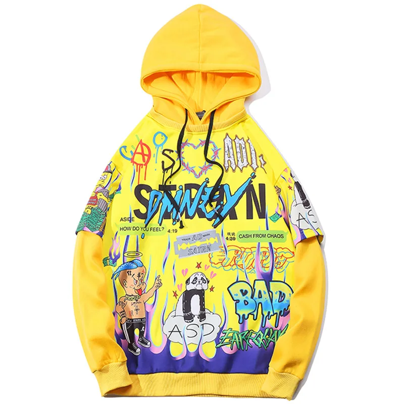 yellow Aolamegs Hoodies Men Hip Hop Letter Print Men Pullover Cartoon Oversize Style Hooded Sweatshirt Lover High Street Streetwear - Цвет: yellow