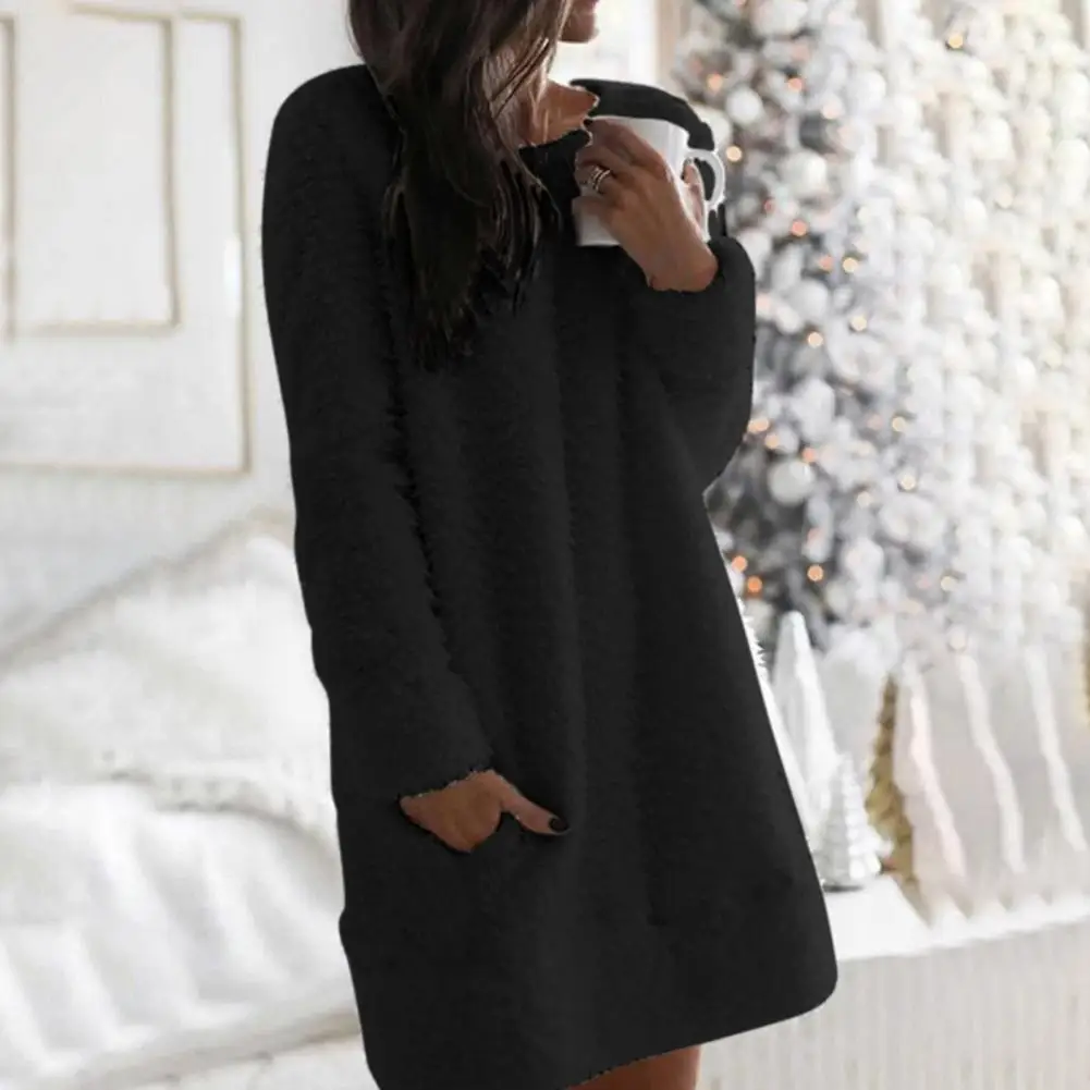 Шикарное зимнее платье с круглым вырезом, защищенное от холода, повседневное прямое плюшевое женское платье, плюшевое платье, платье-пулове...