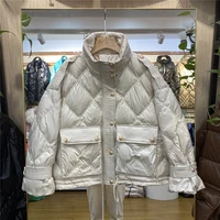 women stand collar puffer jacket thicken warm lingge pocket drawstring winter 90 white duck down outwear casual female parkas