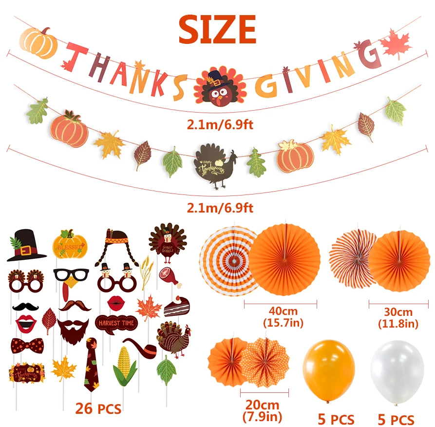

44pcs/Set Thanksgiving Decoration Theme Orange Paper Fan Balloons Turkey Flag String Kids Photo Props Home Party Backdrop Decor