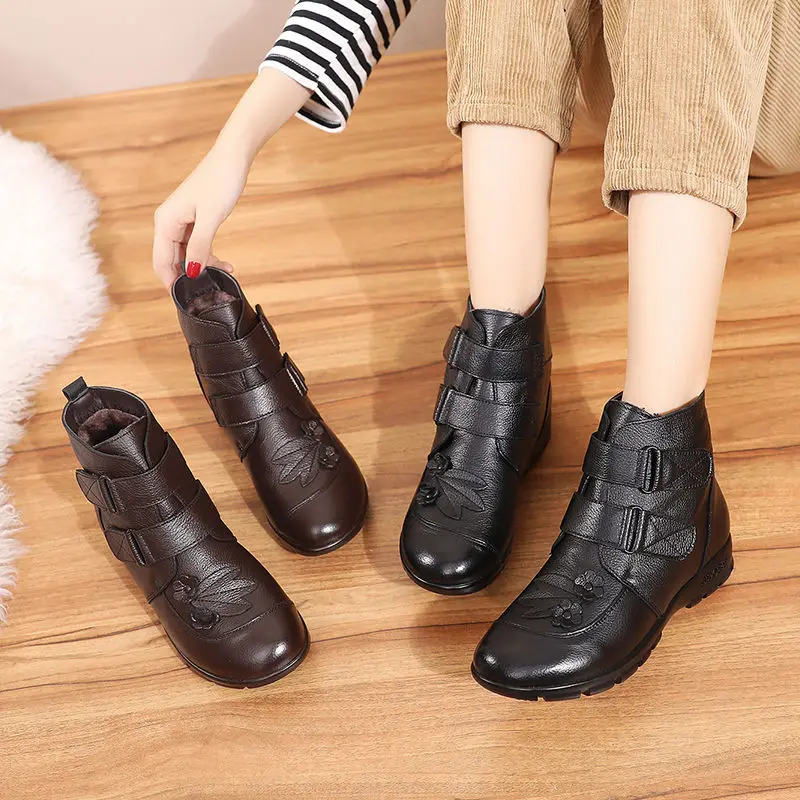 

Top quality genuine leather boots woman plus size 41-43 wedges fur shoes double hook loop plush snow boots female fashion shoes