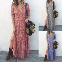 summer new style printed long sleeved split dress with deep and long sleeved floral dress split plus size dress