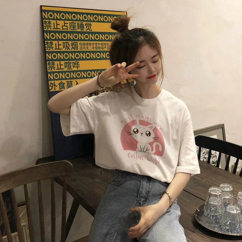 Летняя женская новая милая футболка в стиле Харадзюку Лучшая Повседневная с