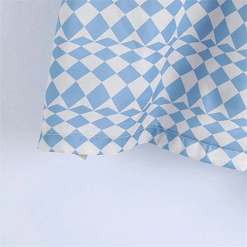 

Za 2021 Women's Blouses Blue White Geometric Print Satin Women Shirt Casual Button Up Female Shirt Loose Summer Short Sleeve Top