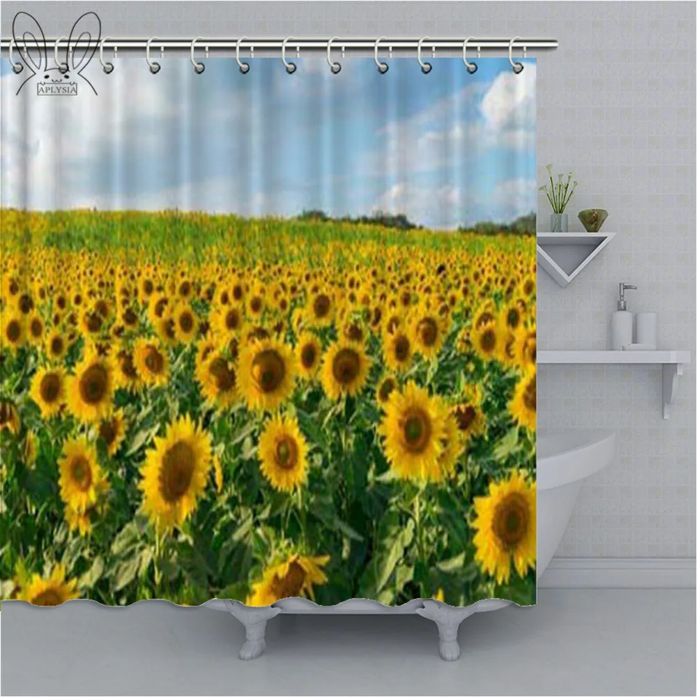 

Yellow Country View Bathroom Curtain Sunflower Printed Shower Curtain Polyester Fabric Bathtub Curtain Bathroom Shower Sets