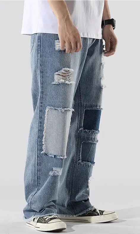 Men Streetwear Denim Pant Men Beggar Baggy Jeans Men's jeans hole Hip hop patch jeans Ripped Knee Jeans