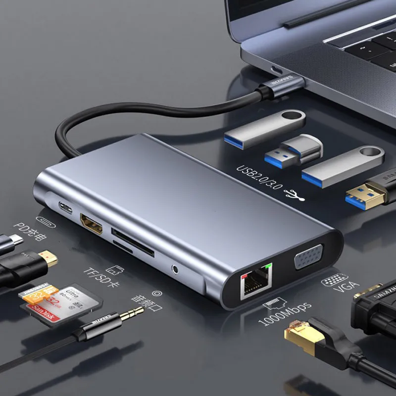 Тип C to VGA + RJ45 Gigabit Ethernet 4K HDMI Совместимость PD SD TF 3 5 мм аудио 1080P для Macbook Pro S8 S9 P20 P30 10 в