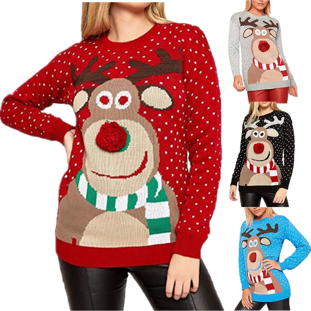 Women Ugly Christmas Sweater Hot Deer Knitted New Long Sleeve Jumper Tops O-Neck Santa Claus Fashion Blouse | Женская одежда
