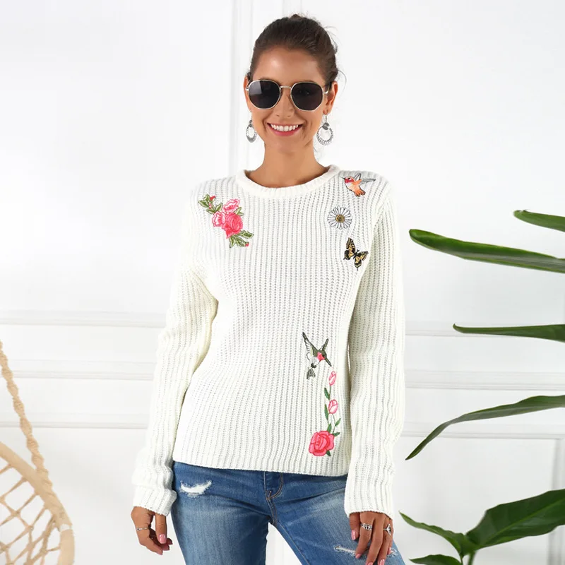 

Solid Color Knitted Embroidery Women's Sweater Spring Autumn Retro Elegance Female Pullover Slim Full Sleeve O-Neck Jumpers Tops
