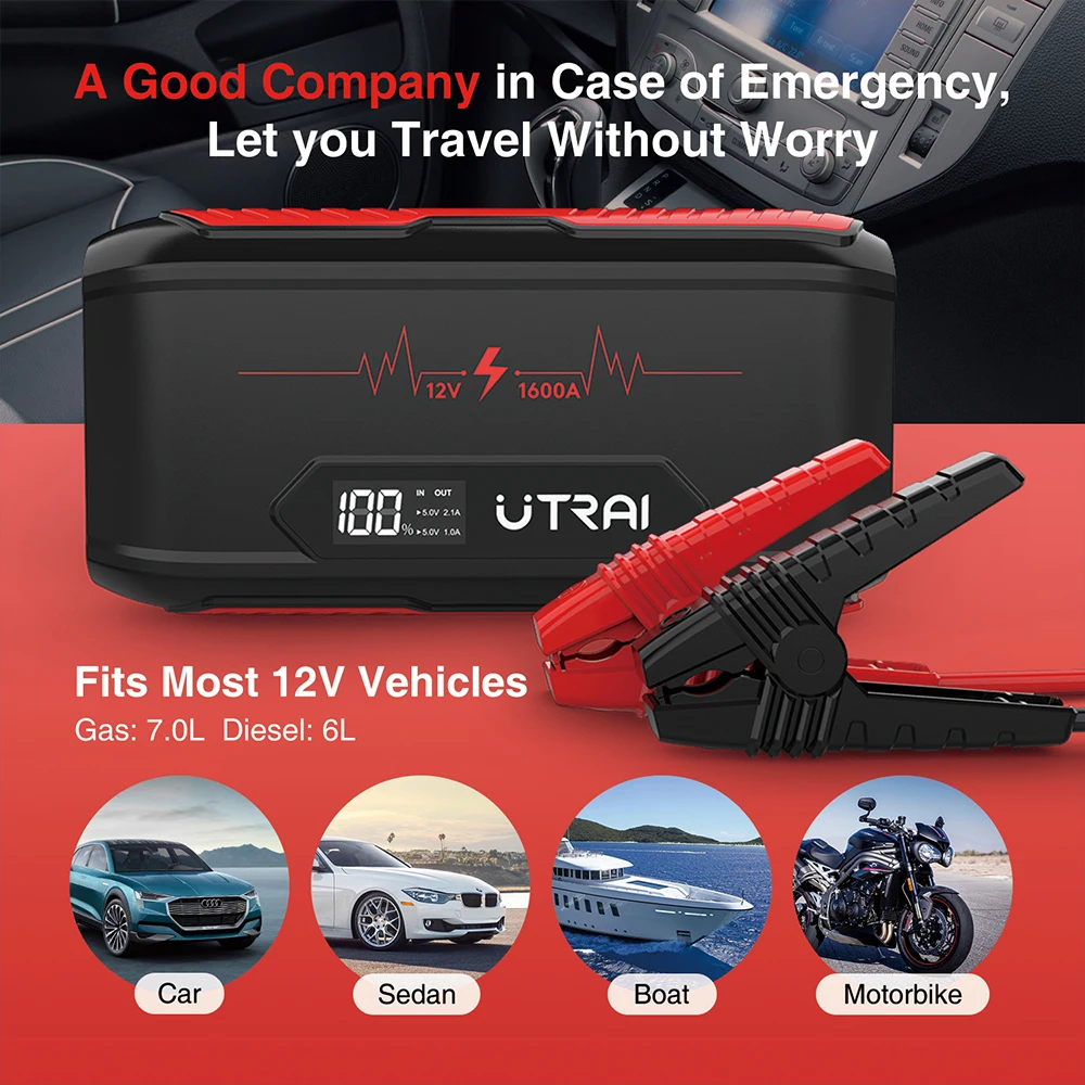 utrai car jump starter 20000mah 1600a portable emergency charger lithium ion battery power bank car booster starting device free global shipping