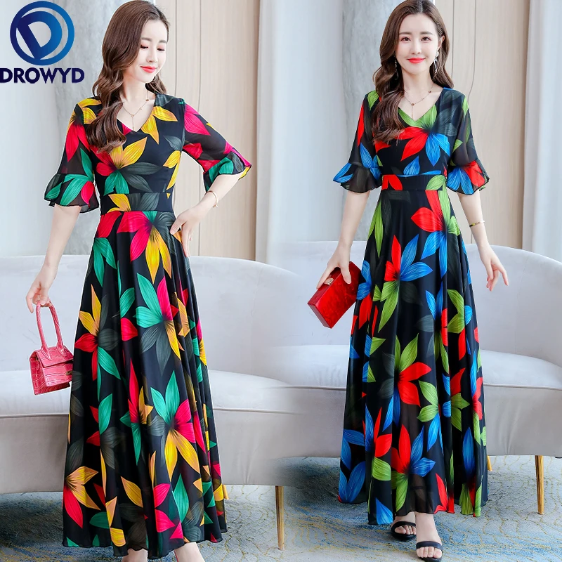 

2021 Summer New Boho Elegant Maxi Dress for Women Fashion V-neck Short-sleeve Chiffon Long Dress Plus Size S-4XL Party Vestidos