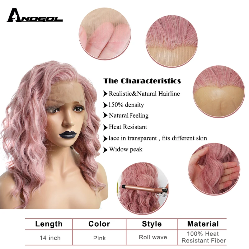 Anogol розовые синтетические кружевные передние парики из высокотемпературного
