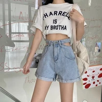 summer womens korean style personality hollow out straight wide leg hong kong style high waist slimming curling denim shorts