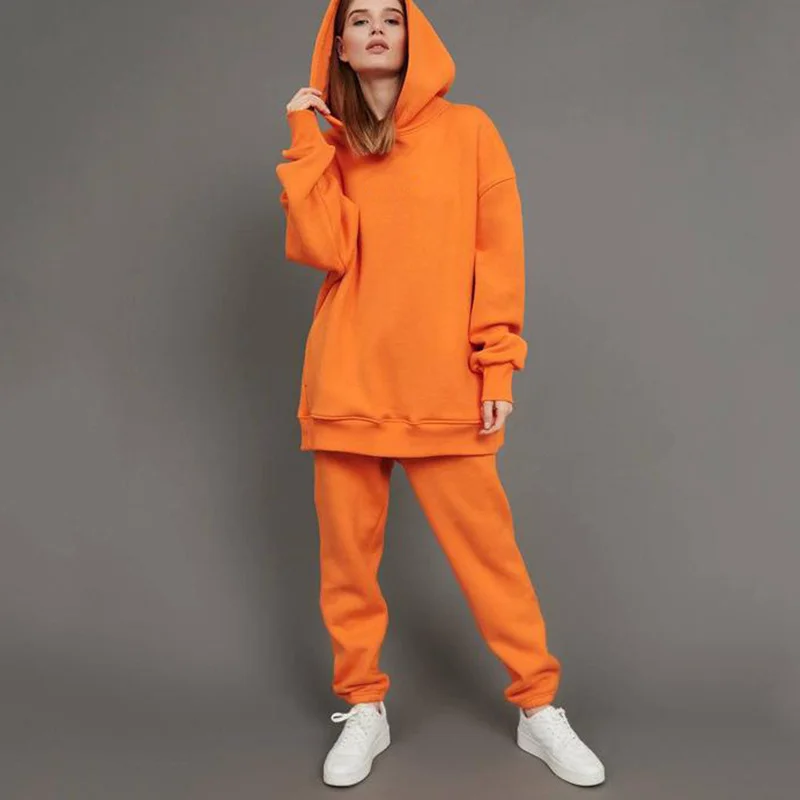 

Orange Fleece Womens Long Sleeve Tracksuit Sets New Autumn Solid Hoodies Joggers Sportpants Suits Female Cause Sport 2 Piece Set