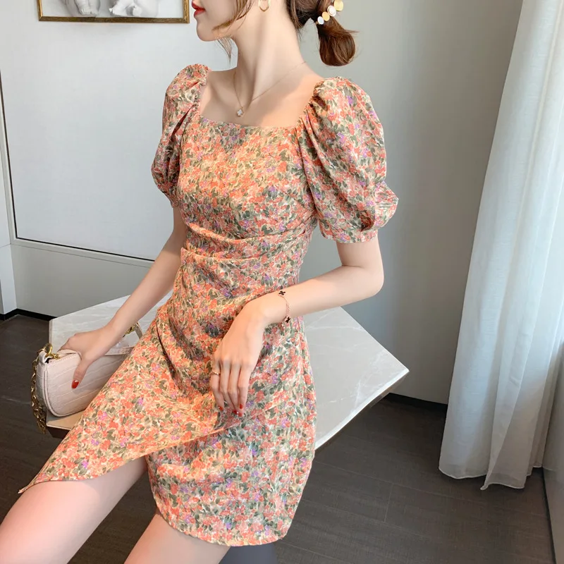 

2021 Summer New French Foam Sleeve Square Neck Floral Dress