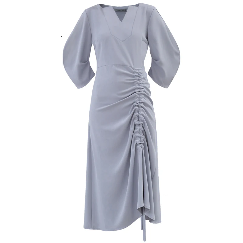 GALCAUR Drawstring Ruched женские платья три четверти рукав с высокой талией Асимметричные осенние платья Женская мода одежда