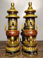 14chinese folk collection old bronze cloisonne stupa shape binaural three beasts head and feet base incense burner a pair
