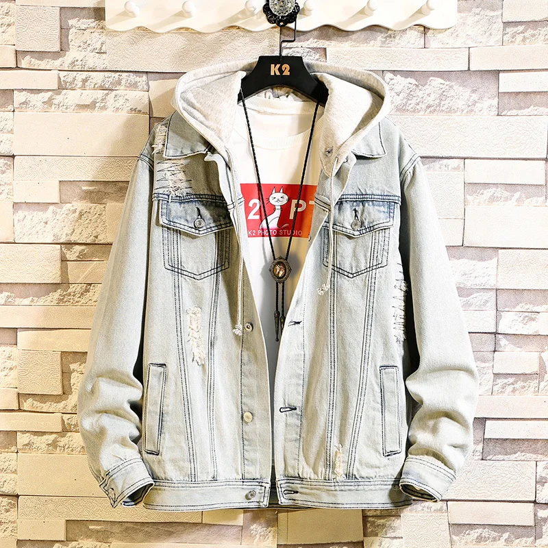 UYUK Fall/winter New Look Stylish And Temperamented With Loose Casual Hooded Denim Cotton Men's Cargo Jacket Clothes | Мужская