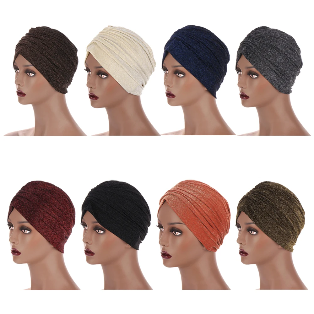 

Glitter Hijab Turban Women Muslim India Hat Stretch Hair Loss Cancer Cap Head Scarf Warp Bonnet Bandanas Cover Islamic Beanie