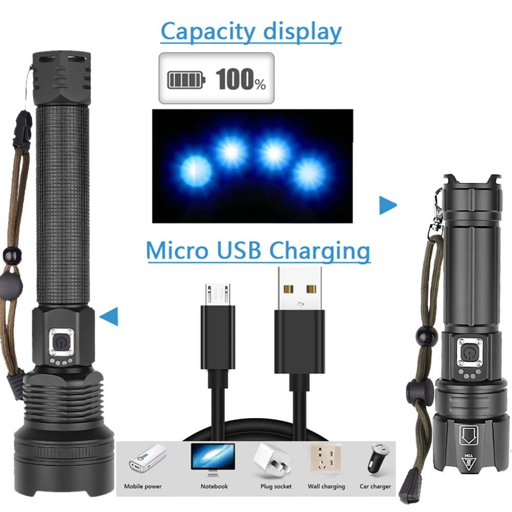 Fiyat Güçlü XHP90 XHP70.2 LED El Feneri Uzun Menzilli Güç Göstergesi Torch USB Zumlanabilir 3 Modu 26650 USB şarj Edilebilir Büyük Pil