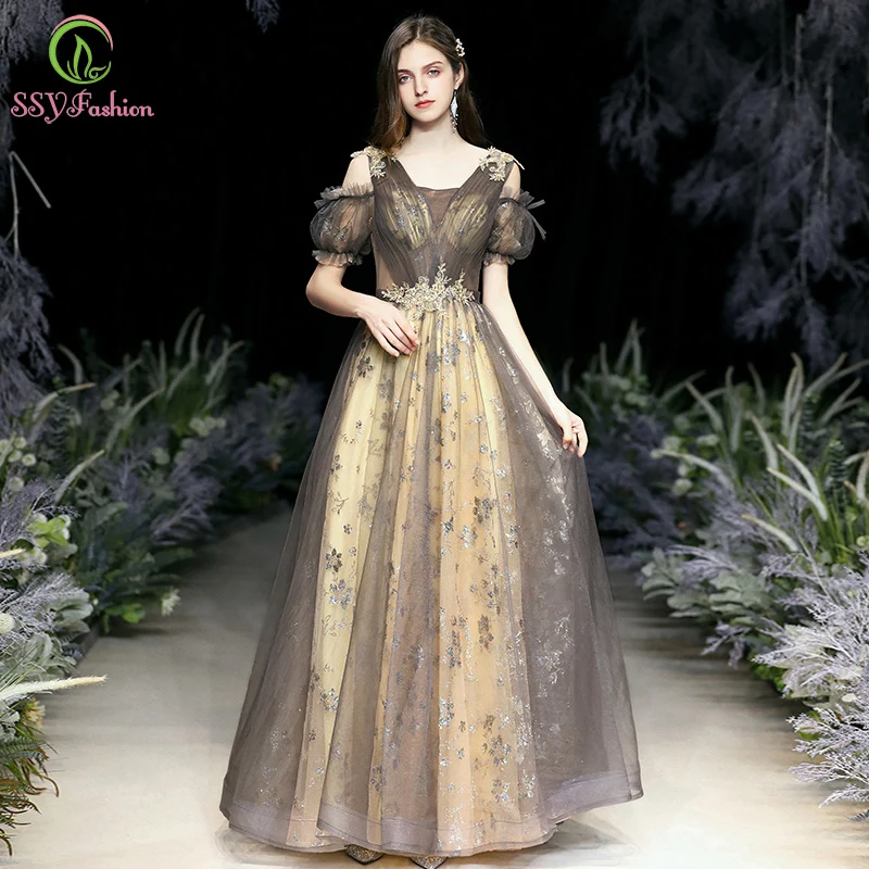 SSYFashion новинка длинное вечернее платье Дворцовое винтажное принцесса с блестками