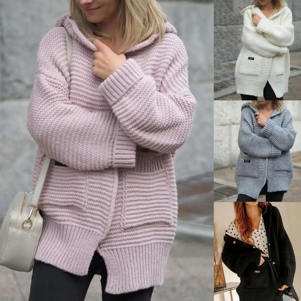 

Женский свитер с капюшоном, кардиган в рубчик с двойными карманами, свободный Однотонный свитер для отдыха, повседневное пальто для холодно...