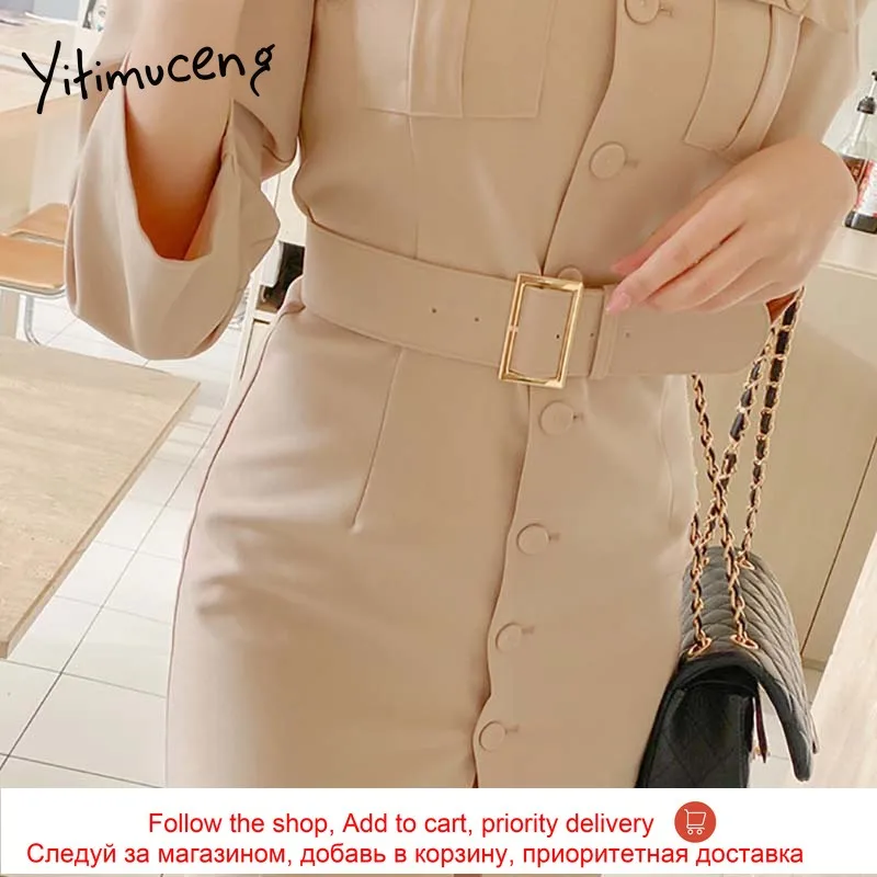 

Yitimuceng Office Lady Dress For Women Sashes Button Up Dresses Black White Khaki Pink High Waist Spring 2021 Korean Fashion New