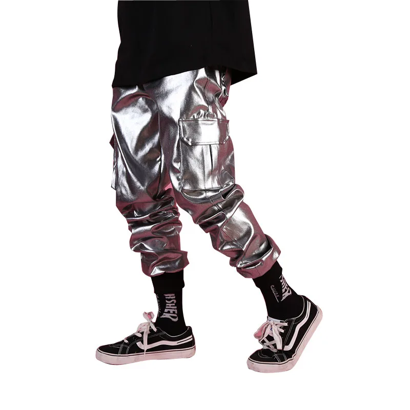 Men Casual Leather Harem Pant Male Streetwear Hip Hop Punk Silver Multi Pocket Cargo Trouser Stage Clothes DJ Singer | Мужская одежда