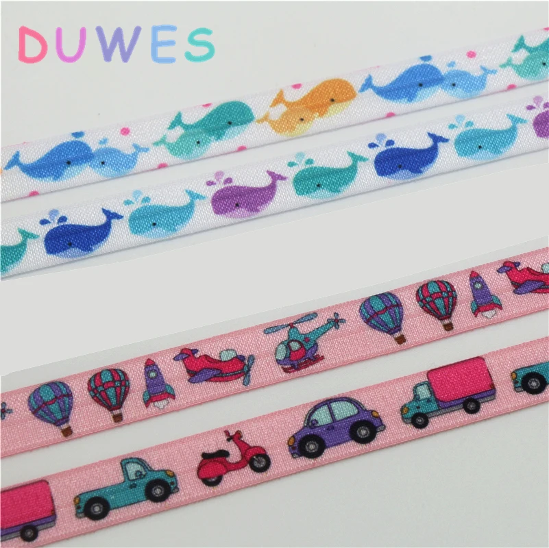 

DUWES 5/8'' 50yards animals cars whale printed Fold Elastic FOE stretch ribbon hairbow headwear headband DIY OEM D1083