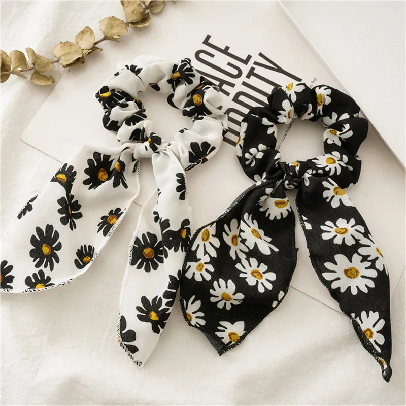

Vintage Little Daisy Hair Loop Women Female French Bow Hair Ropes Flower Ribbons Elastic Bands 2020 Fashion Headwear