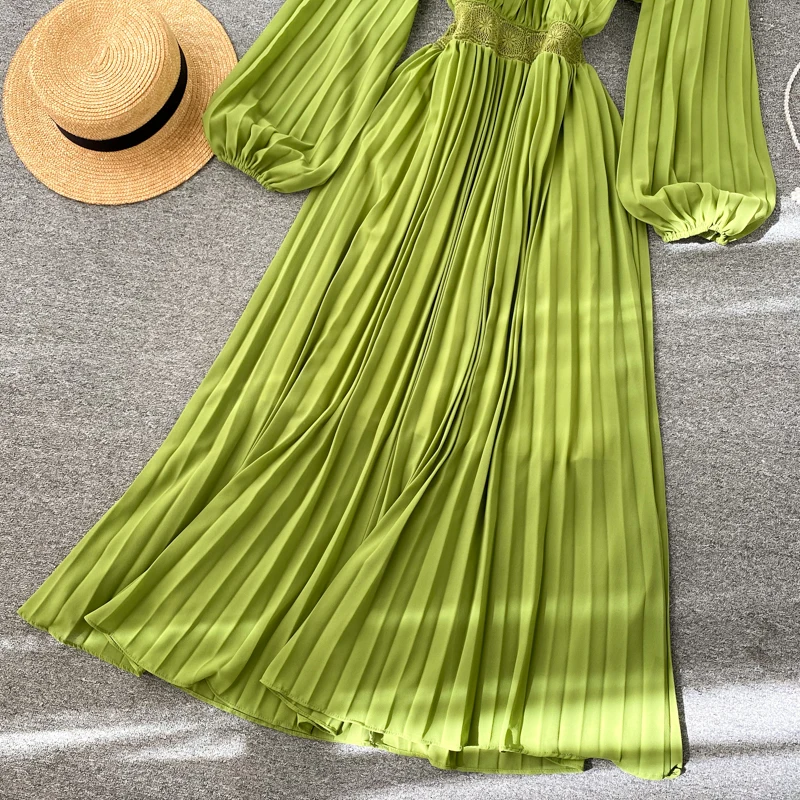 

New Women Spring Autumn Long Robe Fashion Puff Long Sleeve Slim A Line Vintage Dresses Ladies Elegant Pleated Dress Vestidos