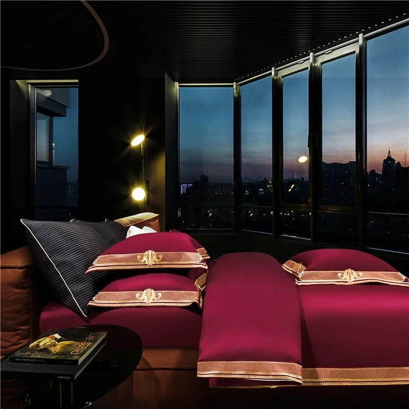 Preço Premium High End 1000tc Algodão Egípcio Vermelho Verde 4 Peça Conjunto De Cama Bordado Capa Edredão 1 Folha 2 Fronhas Rainha Rei