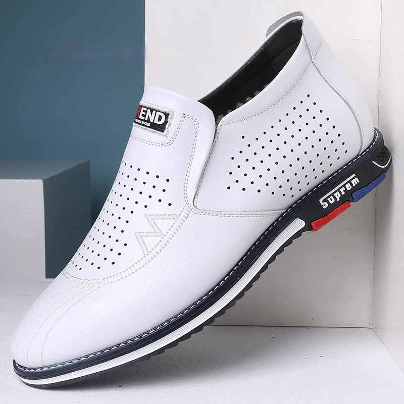 

Misalwa 5 CM Height Increase Hollow out Summer / Spirng Split Leather Casual Men Sneakers Men Elevator Shoes Luxury Shoe White