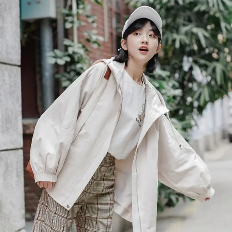 

Hooded Korean Version 2022 Spring And Autumn New Fashion Loose Casual Thin College Style Solid Color Jacket Women's Clothing