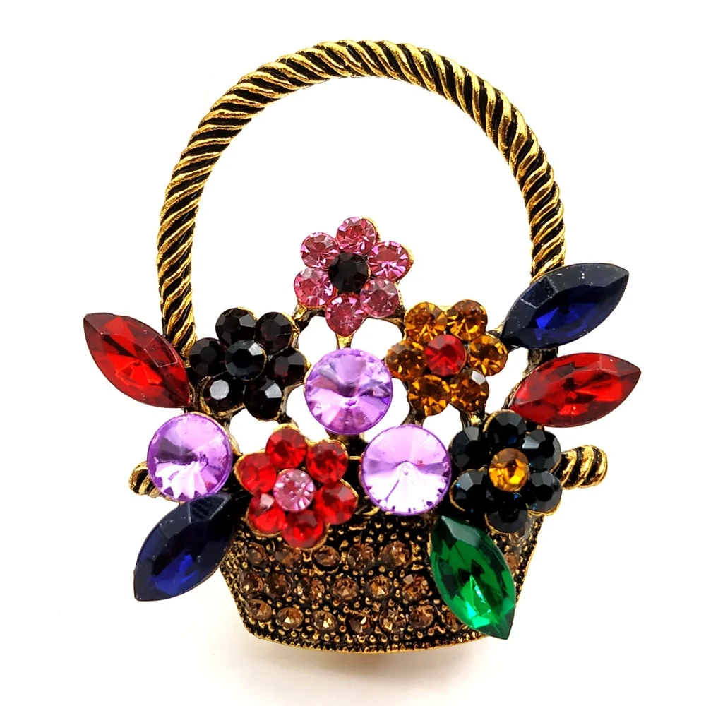 Дивный античный разноцветный хрусталь цветочная корзина брошь золотистого